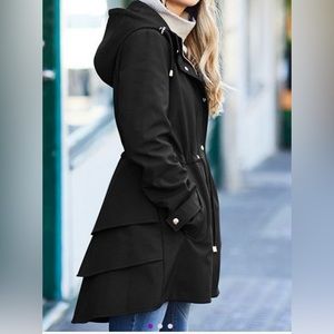 Black Hooded Ruffle-Back A-Line Anorak (New/Never Worn)
